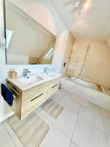 a bathroom with a sink and a shower at l'Echappée belle Le Duplex 10 min "Europa Park" in Rhinau