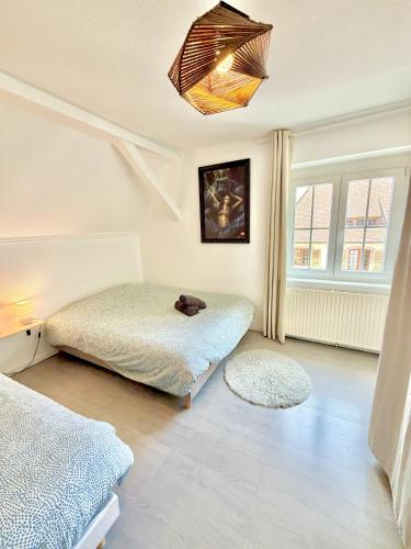 a bedroom with two beds and a chandelier at l'Echappée belle Le Duplex 10 min "Europa Park" in Rhinau