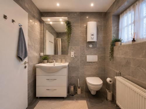 a bathroom with a sink and a toilet and a mirror at Ferienwohnung Melissa in Unter Feuchten
