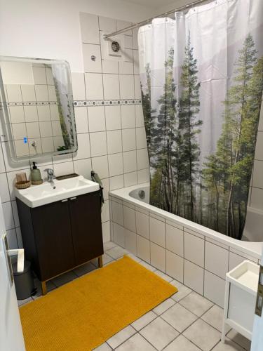 a bathroom with a sink and a tub and a shower at Village Apartment Rheinbreitbach in Rheinbreitbach