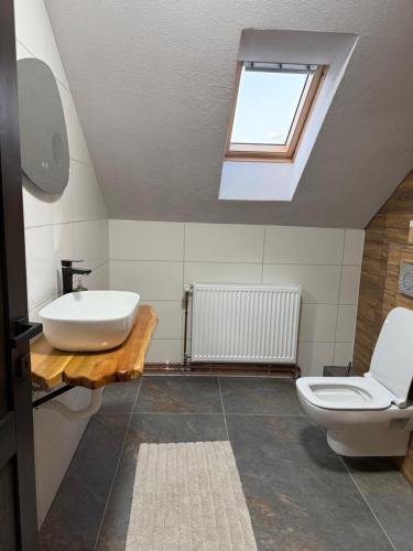 a bathroom with a toilet and a sink and a window at Csodaszarvas Erdeiház in Borzont