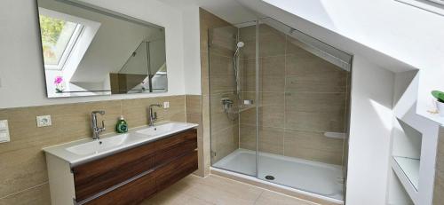 a bathroom with a shower and a sink at Ferienhaus Panoramablick Altfalter in Schwarzach bei Nabburg