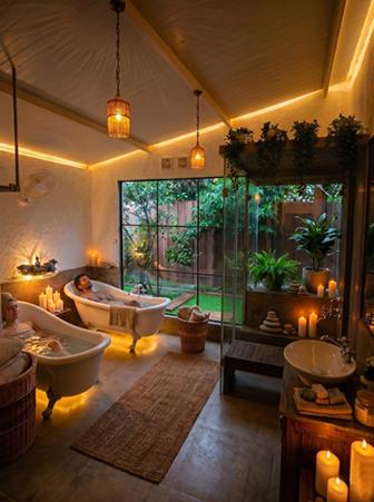 a large bathroom with two tubs and a large window at Nostravila Resort and Spa in Lonavala