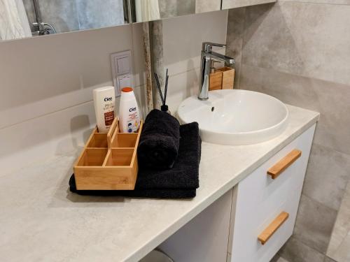 a bathroom counter with a sink and a sink at Studio Park Śląski m.10 Katowice/Chorzów in Chorzów