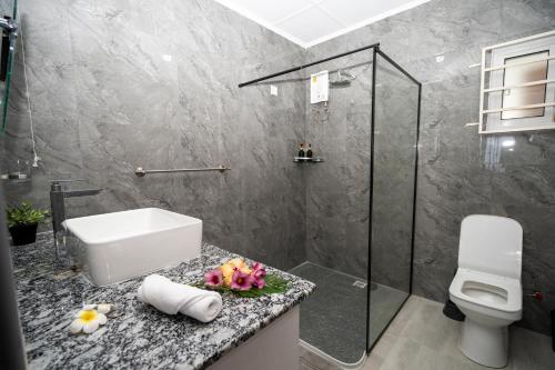a bathroom with a toilet and a sink and a shower at Wild Vanilla Apartment in Beau Vallon