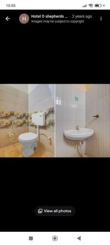 a collage of photos of a bathroom with a toilet and a sink at Hotel Shepherds in Bīdar
