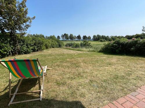 a colorful chair sitting on the grass in a yard at Ferienhaus 'Seeblick 39' in Glücksburg