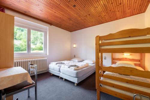 a bedroom with two bunk beds and a window at Les Sources - 30 personnes in Bussang
