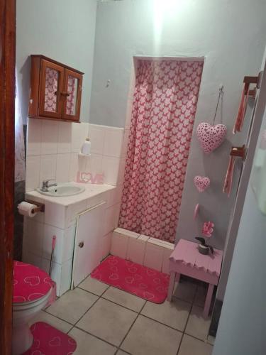 a pink bathroom with a sink and a toilet at Over the Rainbow Guest House in Hibberdene