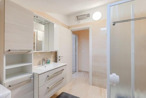 a bathroom with a sink and a shower at Apartments Horizon in Pazin