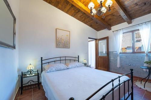 a bedroom with a large bed with a wooden ceiling at House Luca in Barban