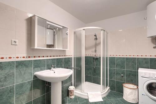 a bathroom with a shower and a sink and a washing machine at House Casa Alberta in Rovinjsko Selo