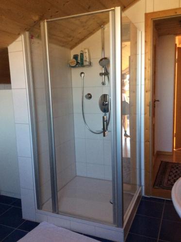 a shower with a glass door in a bathroom at Bavaria in Seeg