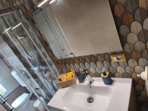 a bathroom with a sink with a shower and a mirror at Civico 18 in Caposotto