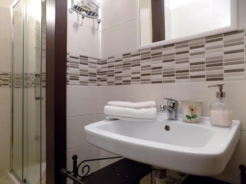 un lavandino bianco in bagno con doccia di Bellezia a Torino