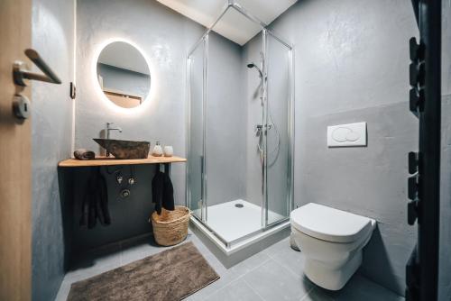 a bathroom with a shower and a toilet and a sink at Apartmán NIC VÍC in Loučná nad Desnou