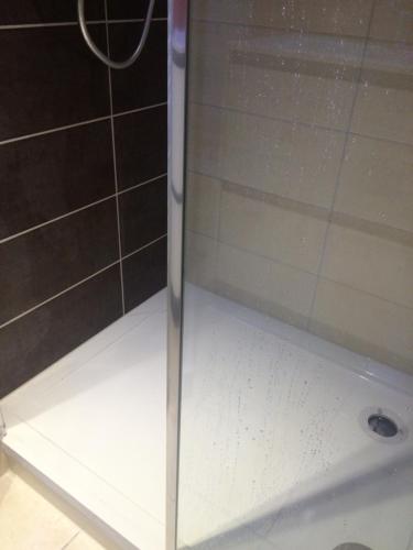 a shower with a glass door in a bathroom at B&B chez Didier et Catherine in Ittenheim