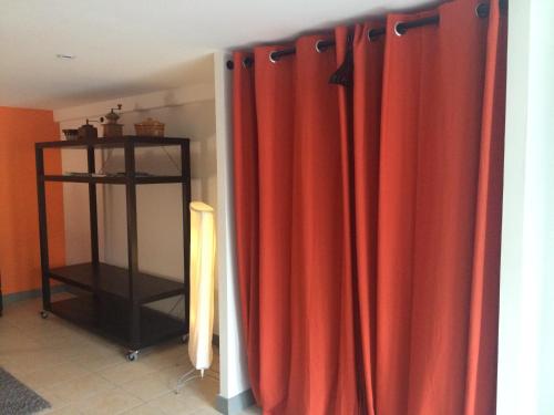 a room with red curtains and a shelf at B&B chez Didier et Catherine in Ittenheim