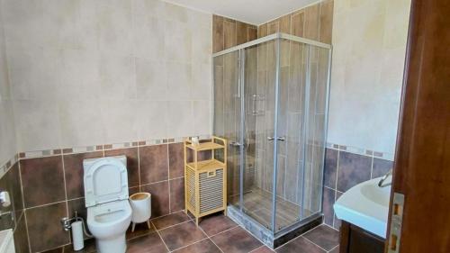 a bathroom with a shower and a toilet and a sink at Villa Tiara by HolidayKeys in Kyrenia