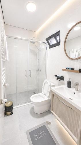 a bathroom with a toilet and a shower and a sink at Apollo Cottages Kaprovani in Urekis Sadguri
