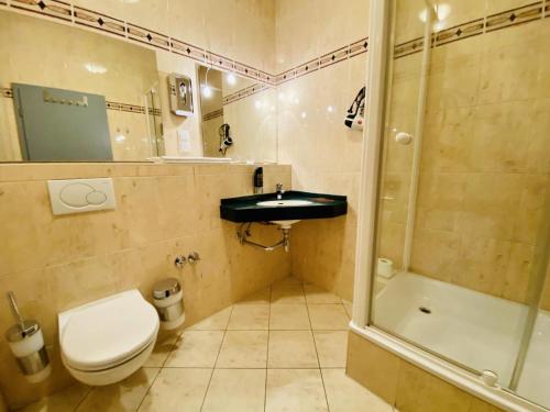 a bathroom with a toilet and a sink and a shower at Doppelzimmer Humidor, direkt am Alten Strom in Warnemünde