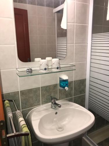 a bathroom with a sink and a mirror at Thermal Apartman 01 in Kiskőrös