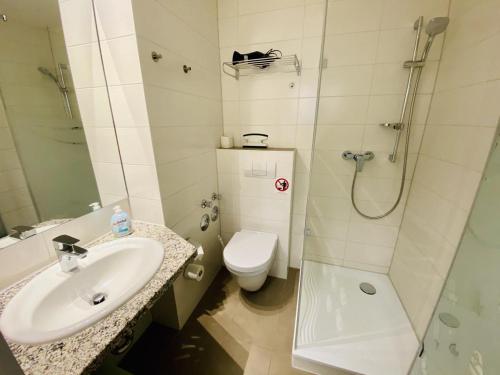 a bathroom with a sink and a toilet and a shower at Landhaus Immenbarg, Auszeit in Warnemünde