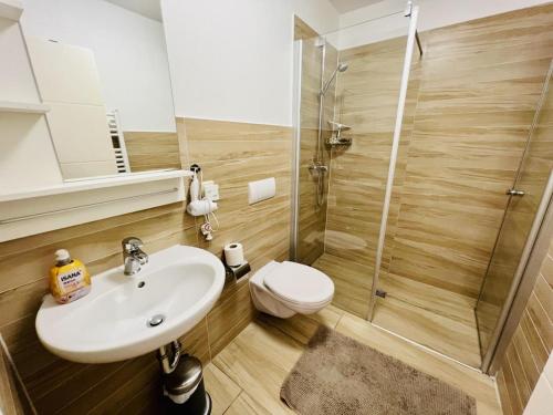 a bathroom with a sink and a toilet and a shower at Haus Juliane, Seepferdchen in Warnemünde