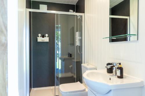 a bathroom with a shower and a toilet and a sink at Hare Hill - Dog Friendly in Penicuik