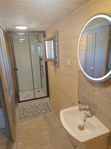 a bathroom with a sink and a mirror at Chata Studenec in Studenec
