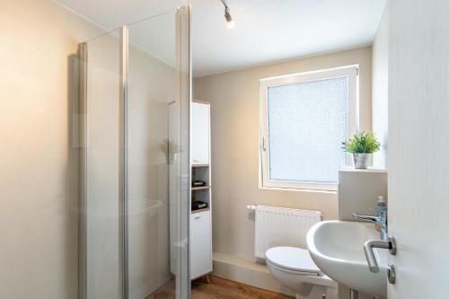 a bathroom with a shower and a toilet and a sink at Ferienwohnung Grodenblick in Hooksiel
