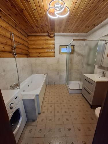 a bathroom with a tub and a shower and a sink at Outbreak 3 bedroom house with outdoor pool, BBQ and dining in Pirita in Corjova