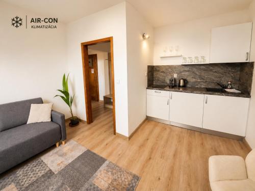 a living room with a couch and a kitchen at Penzion Centrum in Sklené Teplice