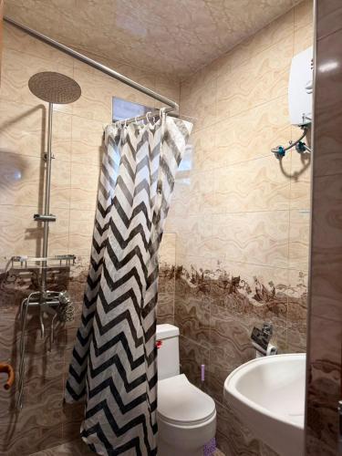 a bathroom with a toilet and a shower curtain at Narine Bed and Breakfast, Tour in Tatʼev