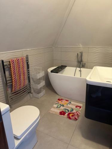 a bathroom with a tub and a toilet and a sink at The River Nook in Termonbarry