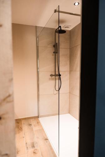 a shower with a glass door in a bathroom at Oh la vache in Stoumont
