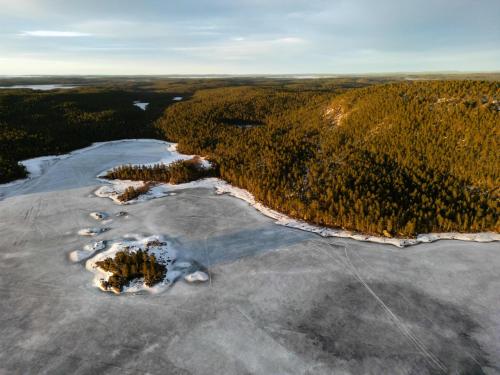 an island in the middle of a river with trees at Villa Sarmi - a true off-the-grid hut in Inari