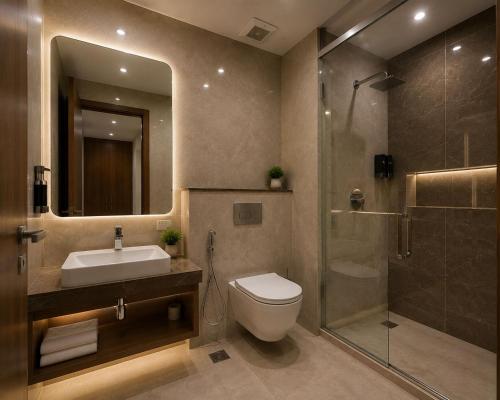 a bathroom with a toilet and a sink and a shower at Hotel Luxe Elite IGI Delhi in New Delhi