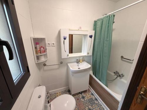 a bathroom with a toilet and a sink and a shower at Casa Escalones in Villalba