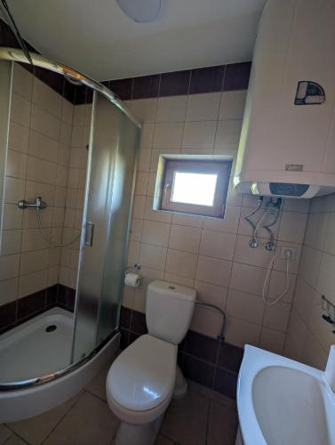 a bathroom with a toilet and a shower and a sink at Domki AGA in Mrzeżyno