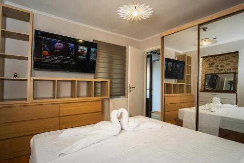a bedroom with two beds and a tv on the wall at Joanna's House in Koumaradaíoi
