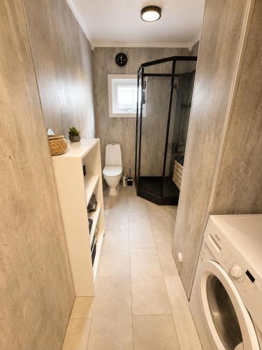 a bathroom with a shower and a toilet and a sink at Tøttatoppen leilighet in Narvik