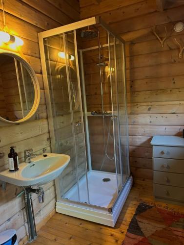 a bathroom with a shower and a sink at Lofoten MidnightSun Lodge in Sandsletta