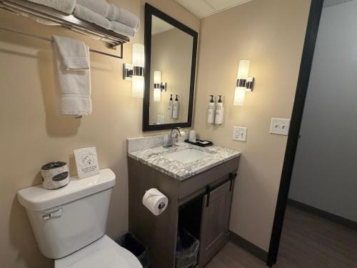 a bathroom with a toilet and a sink and a mirror at Superior Stay Hotel in Marquette