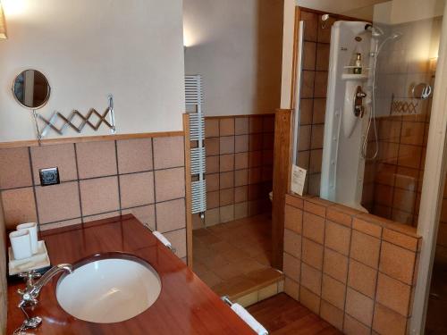 a bathroom with a sink and a shower at Hotel Rural Palacio de Prelo in Boal