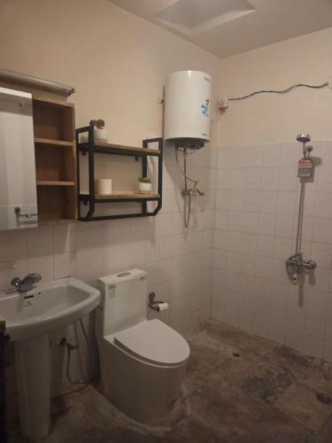 a bathroom with a toilet and a sink at Winston's Speakeasy & Inn in Pātan