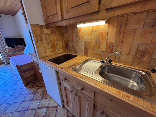 a kitchen with a sink and a counter top at Studio Crêt du Midi, Chez Francine in Notre-Dame-de-Bellecombe