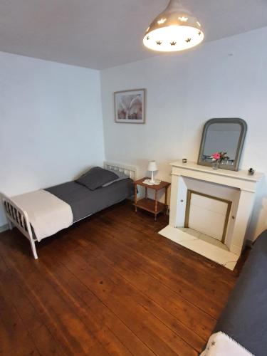 a bedroom with a bed and a fireplace at Maison d'hôtes du Faubourg Charrault Saint Maixent L'Ecole in Saint-Maixent-lʼÉcole