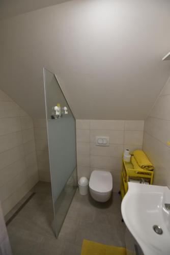 a small bathroom with a toilet and a sink at Slovenia Valley Views in Lipa pri Frankolovem