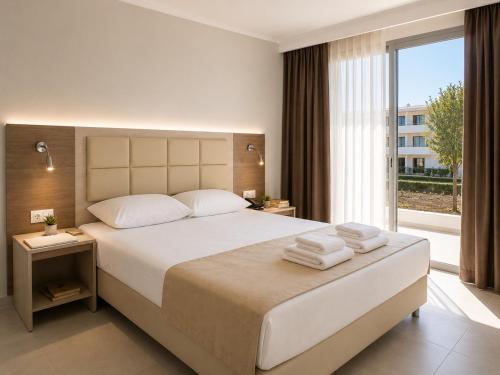 a bedroom with a large bed and a large window at Perla Halkidiki in Kallithea Halkidikis